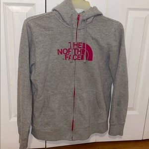 Grey and red north face zip up